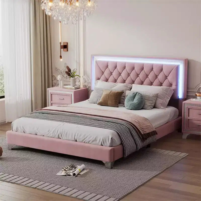 Queen Size Velvet Upholstered Platform Bed Frame with LED Lights and Tufted Headboard-ModernLuxe