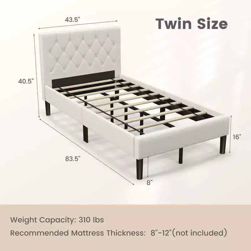 Costway Upholstered Platform Bed Twin Size Button Tufted Headboard Wooden Slats Support