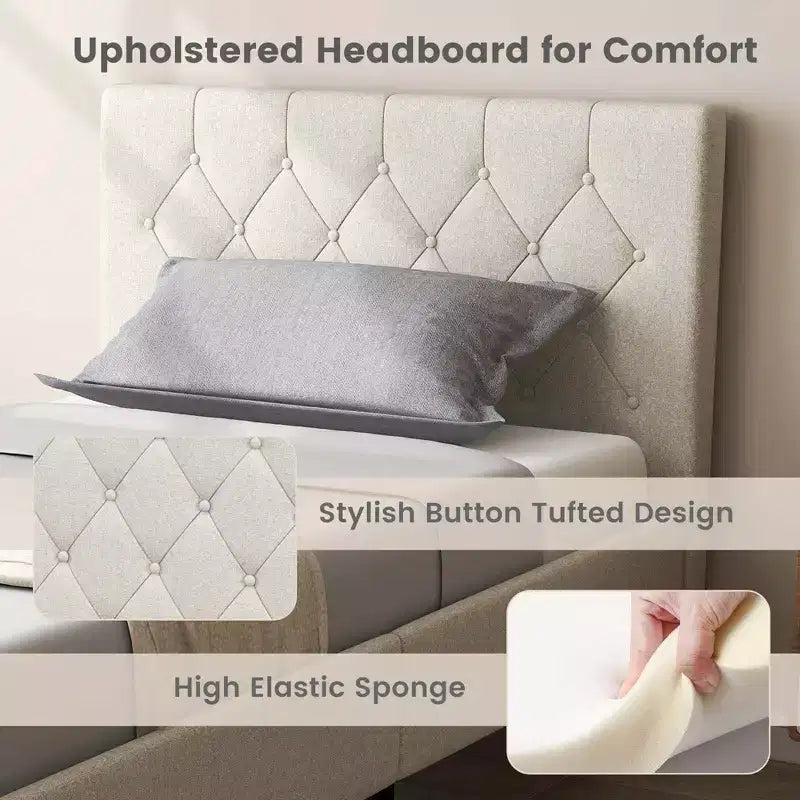 Costway Upholstered Platform Bed Twin Size Button Tufted Headboard Wooden Slats Support