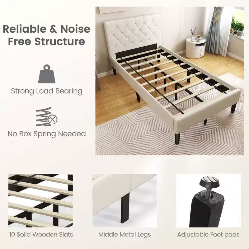 Costway Upholstered Platform Bed Twin Size Button Tufted Headboard Wooden Slats Support
