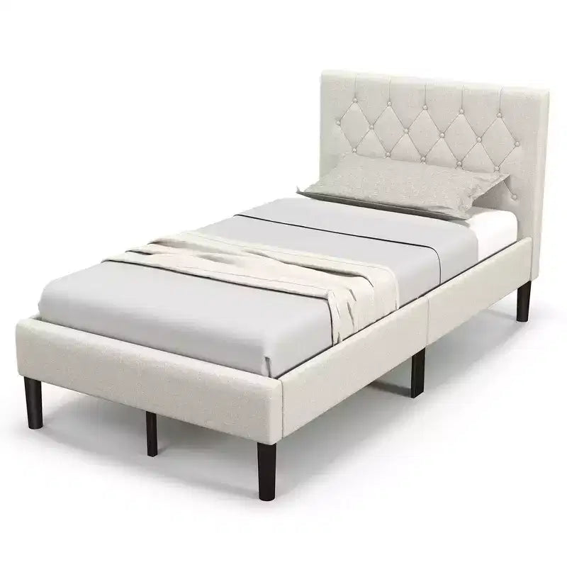 Costway Upholstered Platform Bed Twin Size Button Tufted Headboard Wooden Slats Support
