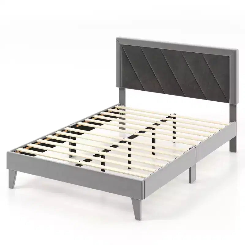 Costway Full/Queen/Twin Size Bed Frame Upholstered Platform Velvet Headboard Wooden Slats Gray