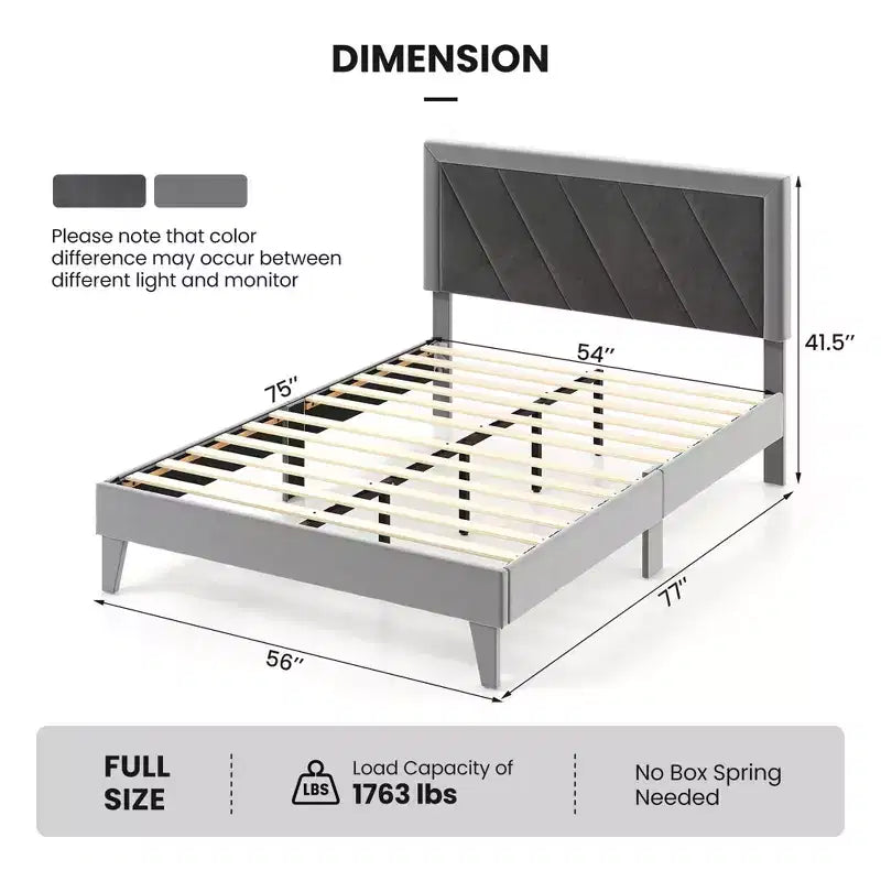 Costway Full/Queen/Twin Size Bed Frame Upholstered Platform Velvet Headboard Wooden Slats Gray