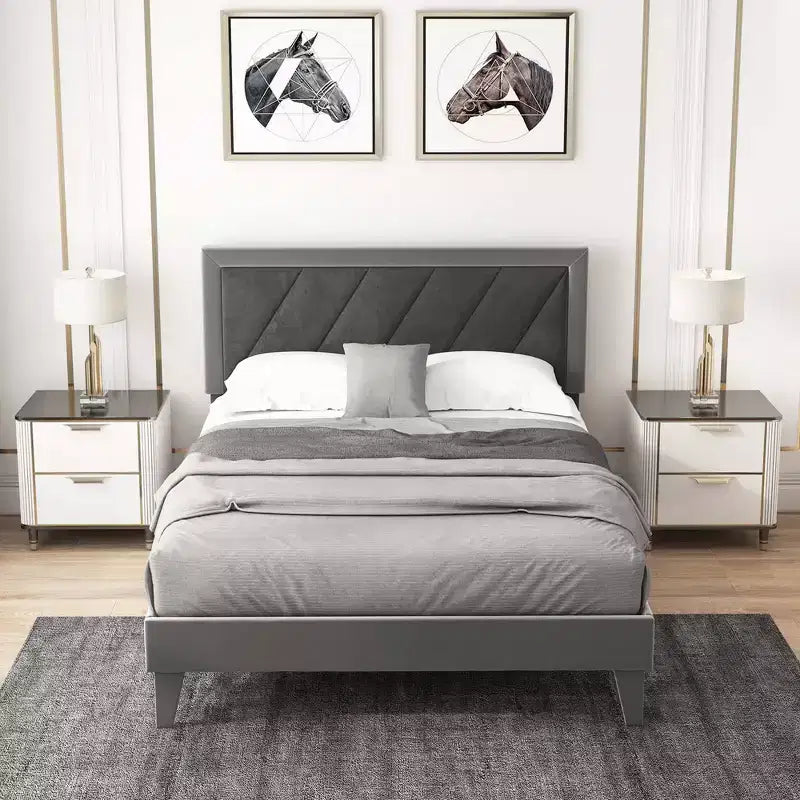 Costway Full/Queen/Twin Size Bed Frame Upholstered Platform Velvet Headboard Wooden Slats Gray
