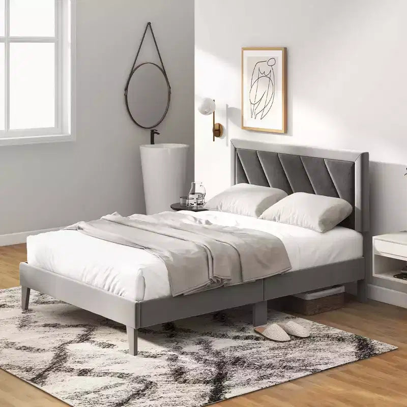 Costway Full/Queen/Twin Size Bed Frame Upholstered Platform Velvet Headboard Wooden Slats Gray