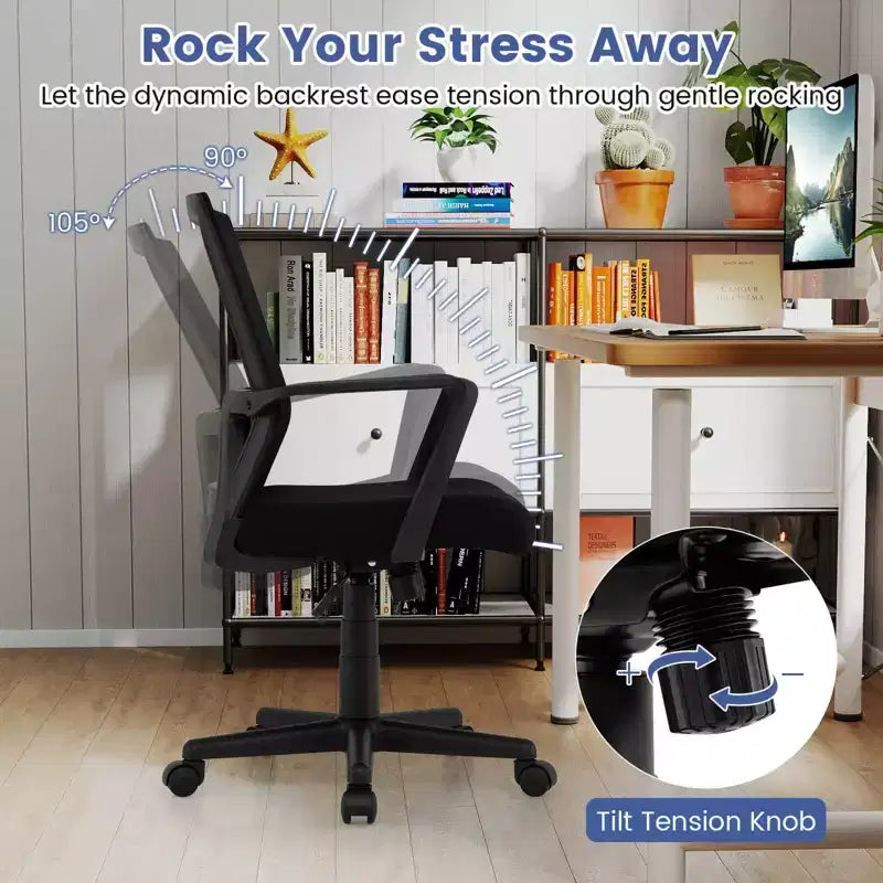Costway Mesh Office Chair Swivel Rocking Chair Adjustable w/ Armrests & Lumbar Support