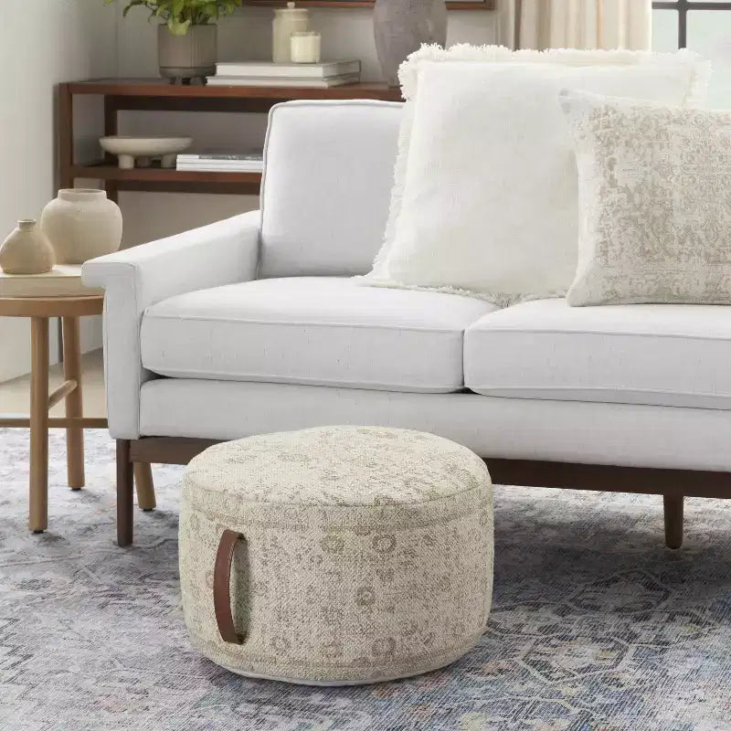 Nourison Handcrafted Vintage Floral 20 x 20 x 12 Indoor Drum Pouf with Handle