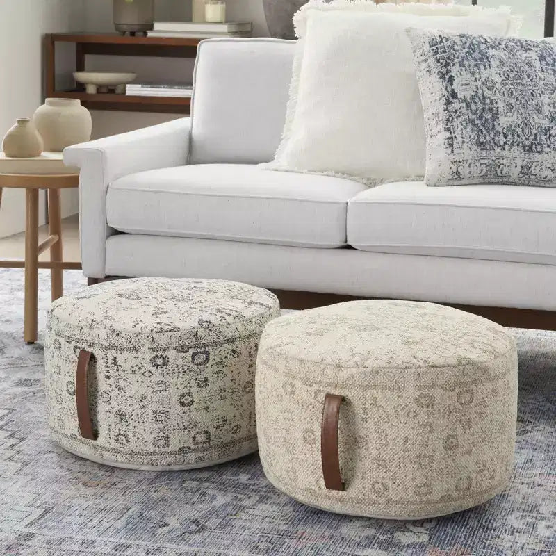 Nourison Handcrafted Vintage Floral 20 x 20 x 12 Indoor Drum Pouf with Handle