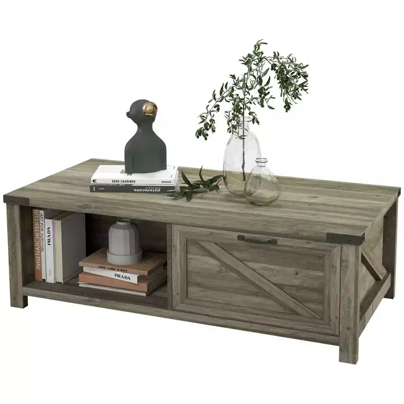 HOMCOM Farmhouse Coffee Table with Storage Drawer and Open Shelf, Rustic Coffee Table for Living Room