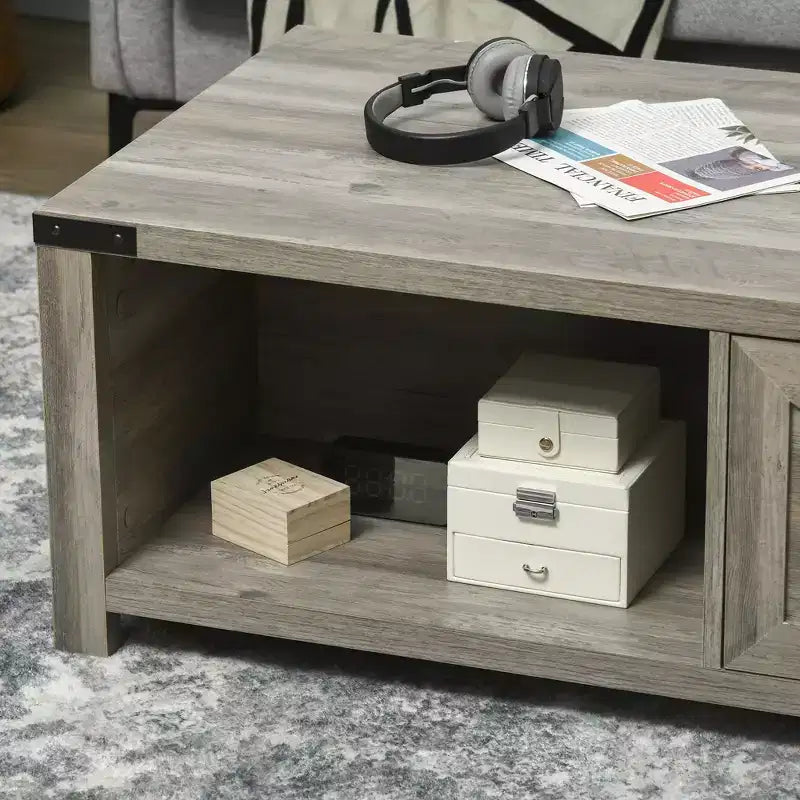 HOMCOM Farmhouse Coffee Table with Storage Drawer and Open Shelf, Rustic Coffee Table for Living Room
