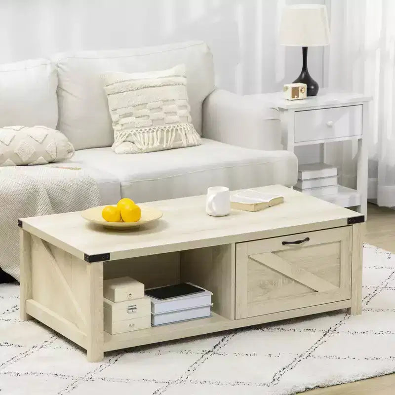 HOMCOM Farmhouse Coffee Table with Storage Drawer and Open Shelf, Rustic Coffee Table for Living Room