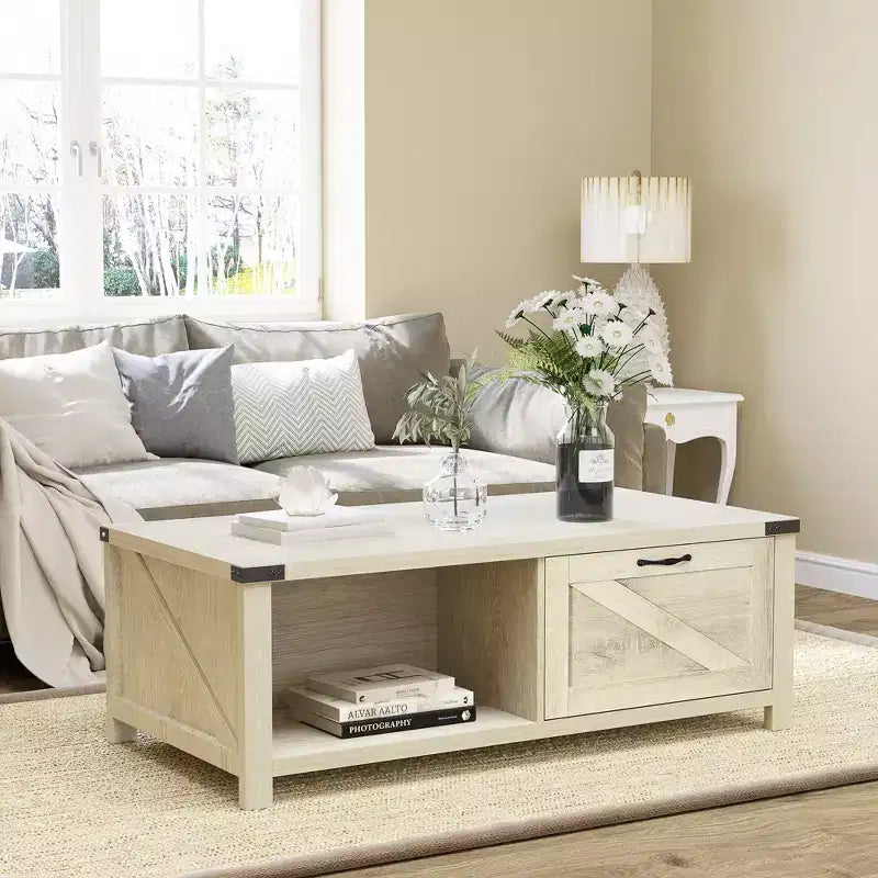 HOMCOM Farmhouse Coffee Table with Storage Drawer and Open Shelf, Rustic Coffee Table for Living Room