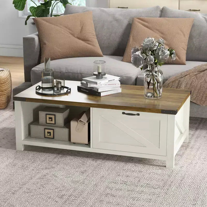 HOMCOM Farmhouse Coffee Table with Storage Drawer and Open Shelf, Rustic Coffee Table for Living Room
