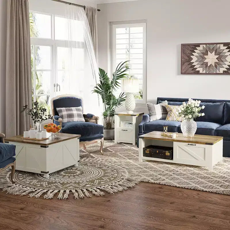 HOMCOM Farmhouse Coffee Table with Storage Drawer and Open Shelf, Rustic Coffee Table for Living Room