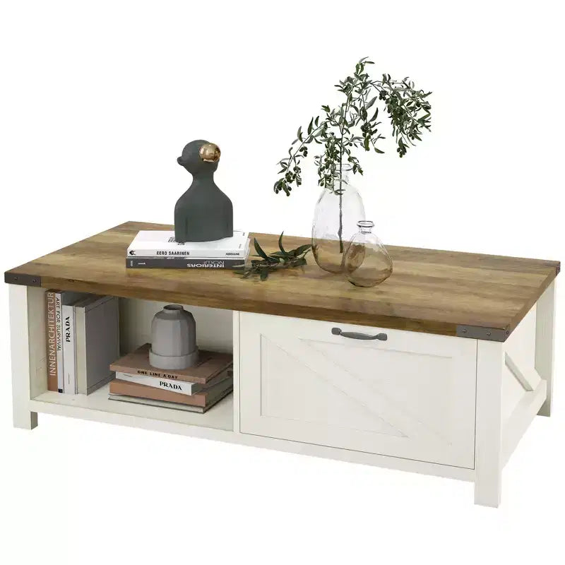 HOMCOM Farmhouse Coffee Table with Storage Drawer and Open Shelf, Rustic Coffee Table for Living Room