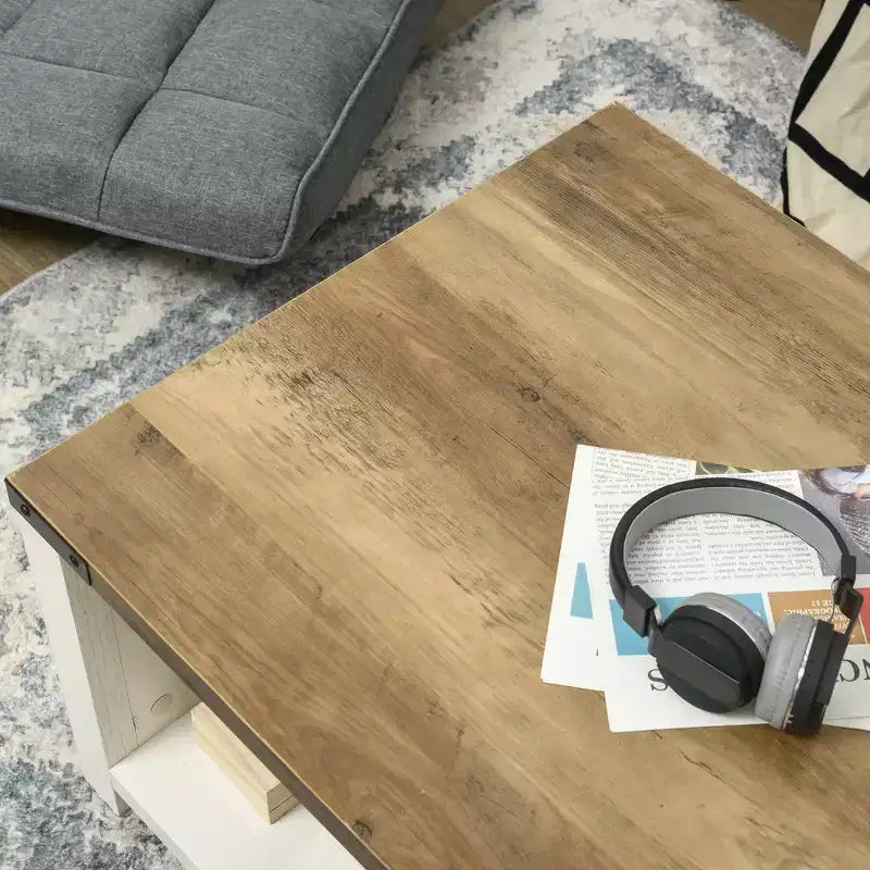 HOMCOM Farmhouse Coffee Table with Storage Drawer and Open Shelf, Rustic Coffee Table for Living Room