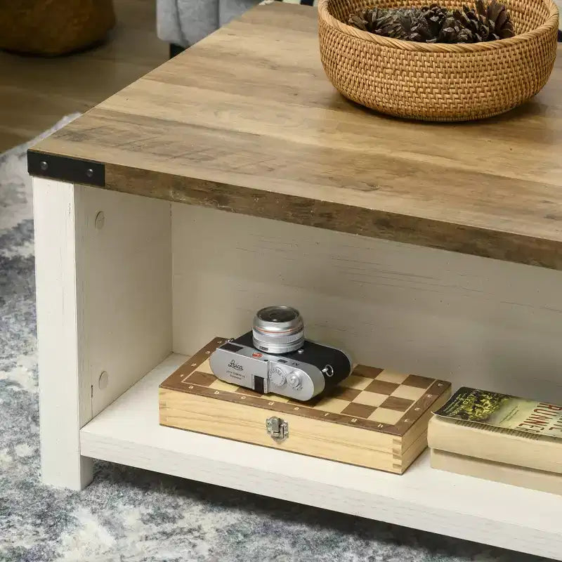 HOMCOM Farmhouse Coffee Table with Storage Drawer and Open Shelf, Rustic Coffee Table for Living Room