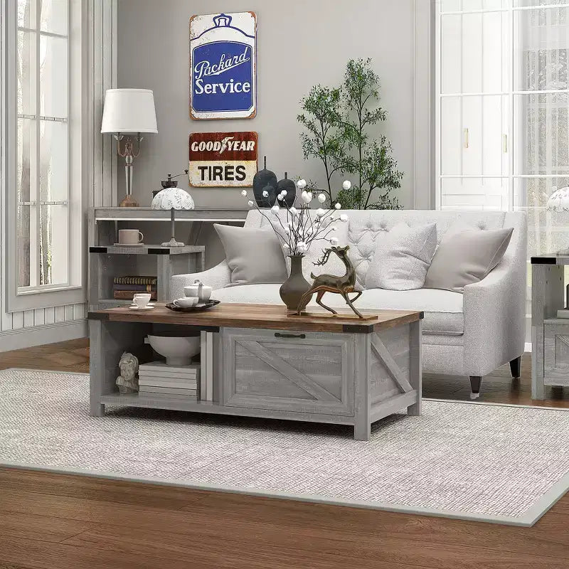 HOMCOM Farmhouse Coffee Table with Storage Drawer and Open Shelf, Rustic Coffee Table for Living Room