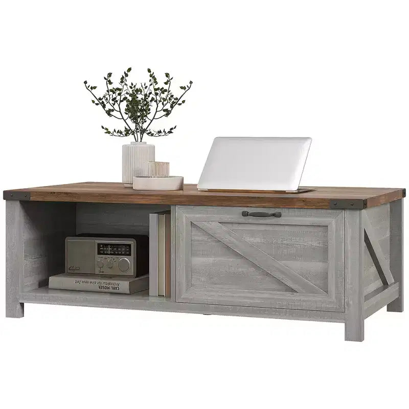 HOMCOM Farmhouse Coffee Table with Storage Drawer and Open Shelf, Rustic Coffee Table for Living Room