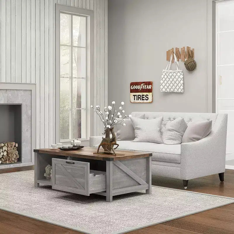 HOMCOM Farmhouse Coffee Table with Storage Drawer and Open Shelf, Rustic Coffee Table for Living Room