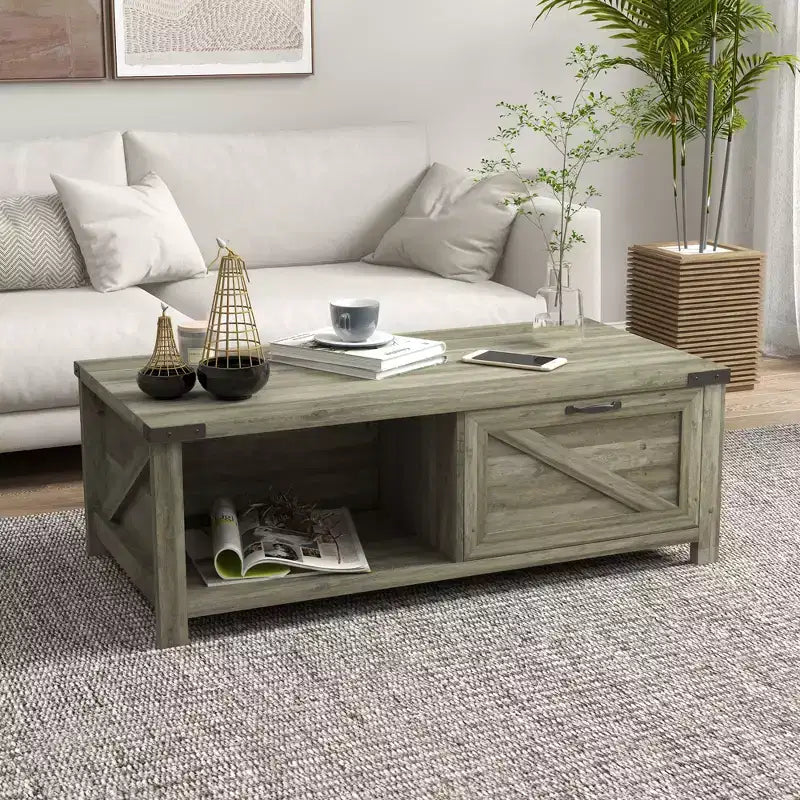 HOMCOM Farmhouse Coffee Table with Storage Drawer and Open Shelf, Rustic Coffee Table for Living Room