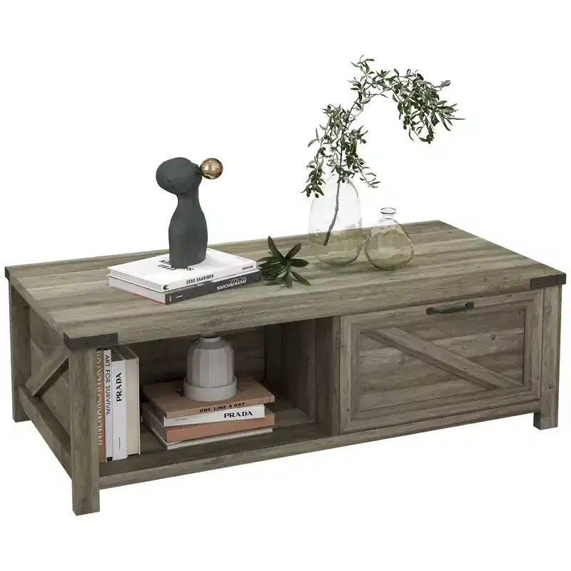 HOMCOM Farmhouse Coffee Table with Storage Drawer and Open Shelf, Rustic Coffee Table for Living Room