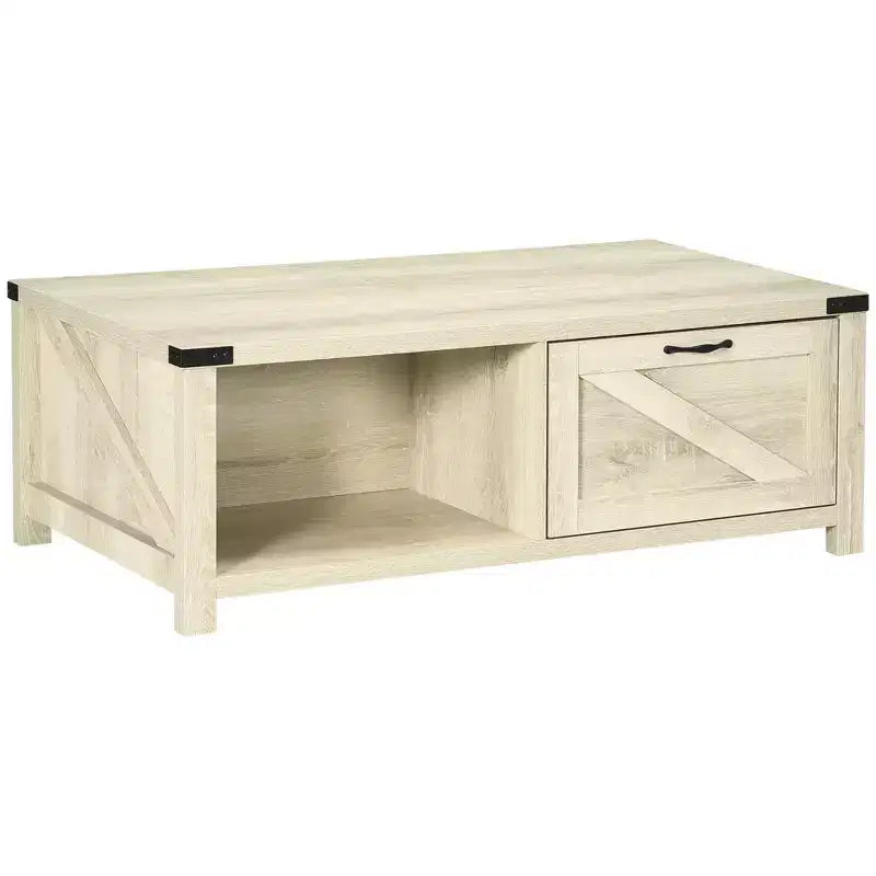HOMCOM Farmhouse Coffee Table with Storage Drawer and Open Shelf, Rustic Coffee Table for Living Room