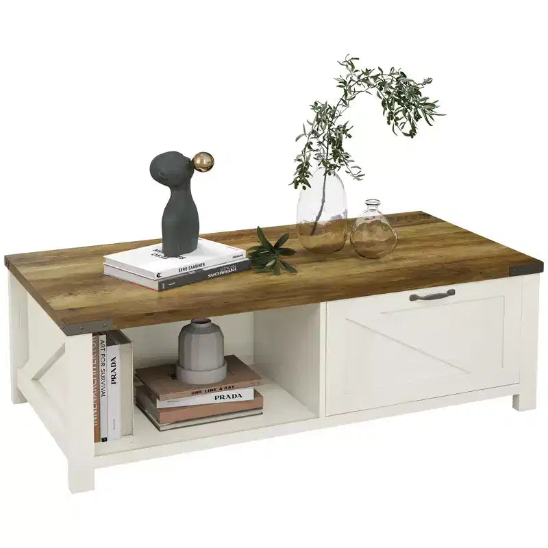 HOMCOM Farmhouse Coffee Table with Storage Drawer and Open Shelf, Rustic Coffee Table for Living Room