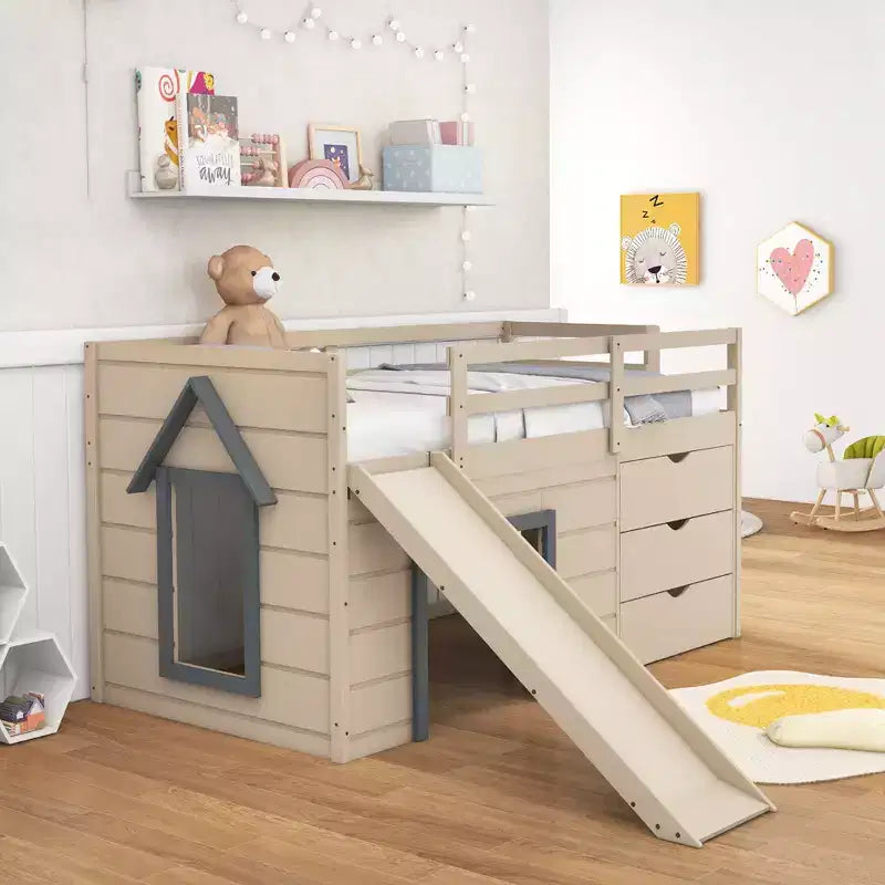 Costway Twin Low Loft bed with Slide Ladder Storage Drawers Play Game Space Wooden
