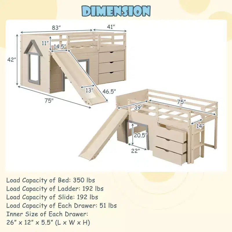 Costway Twin Low Loft bed with Slide Ladder Storage Drawers Play Game Space Wooden