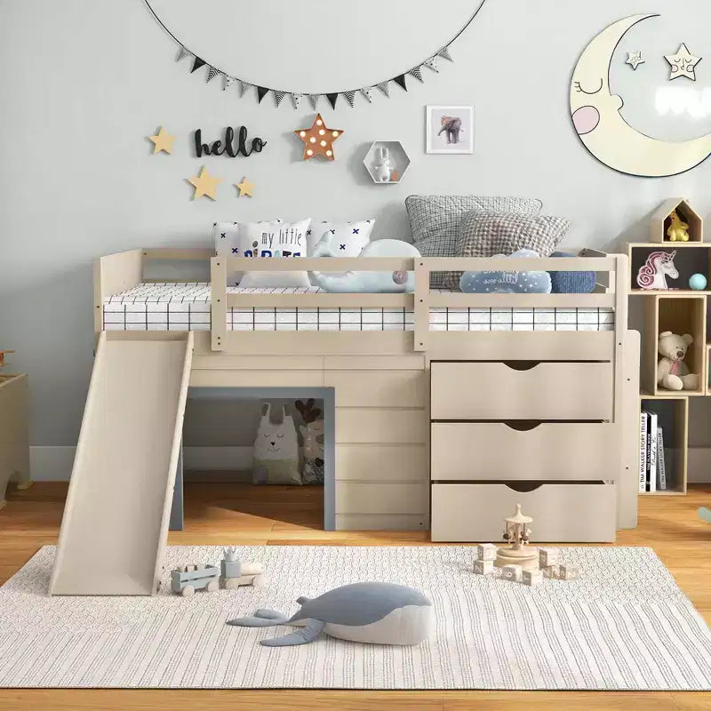 Costway Twin Low Loft bed with Slide Ladder Storage Drawers Play Game Space Wooden