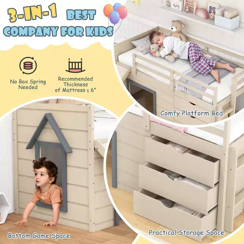 Costway Twin Low Loft bed with Slide Ladder Storage Drawers Play Game Space Wooden