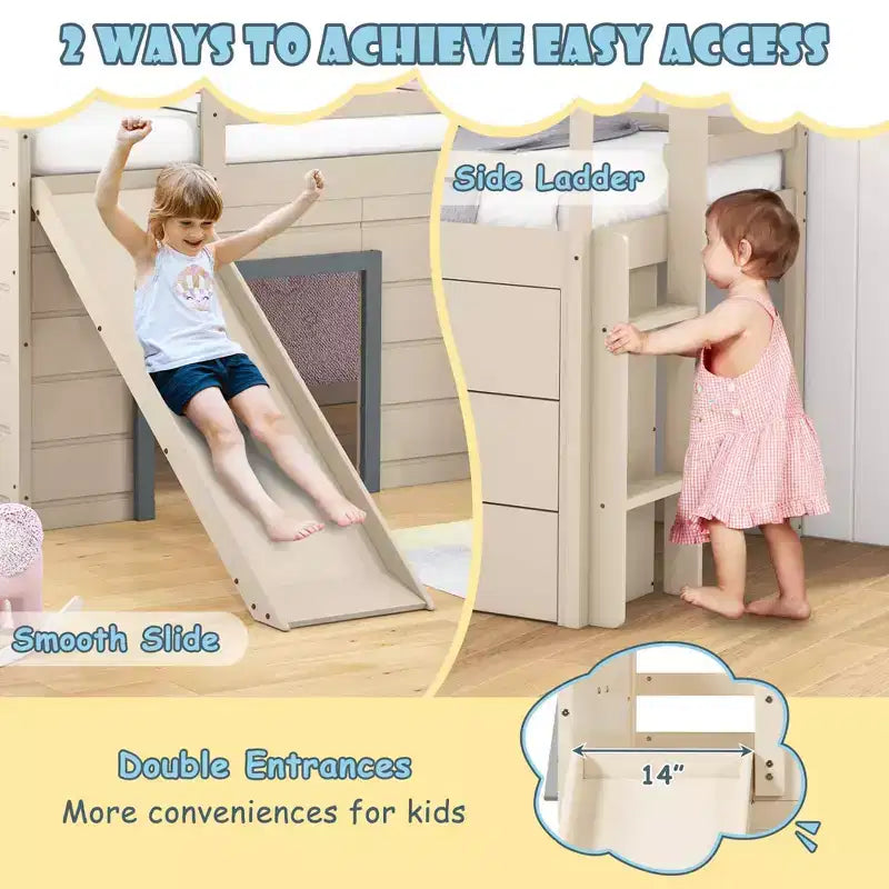Costway Twin Low Loft bed with Slide Ladder Storage Drawers Play Game Space Wooden