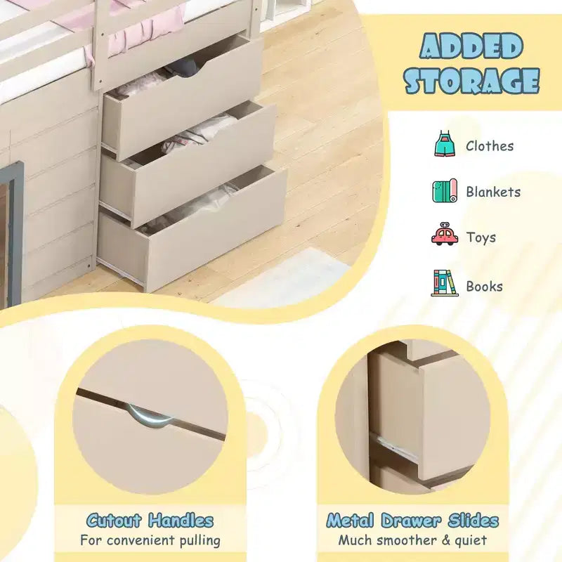 Costway Twin Low Loft bed with Slide Ladder Storage Drawers Play Game Space Wooden