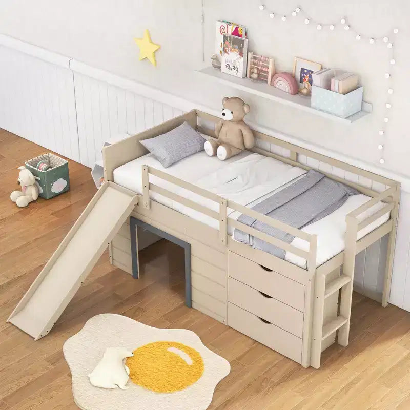 Costway Twin Low Loft bed with Slide Ladder Storage Drawers Play Game Space Wooden