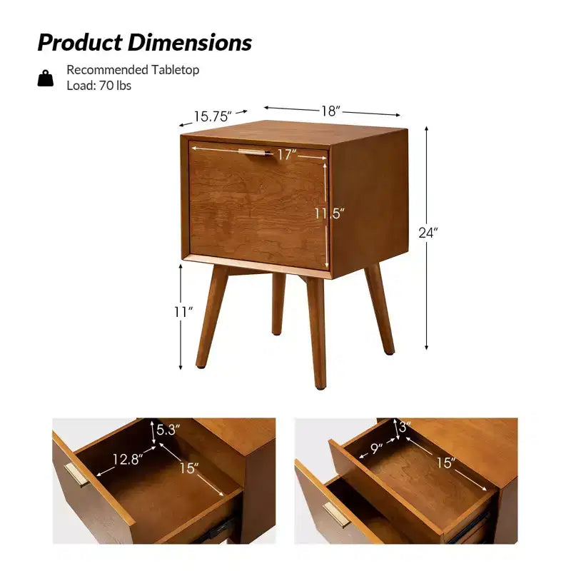 Doris 2 - Drawer Mid-century end table with Built-In Outlets | HULALA HOME