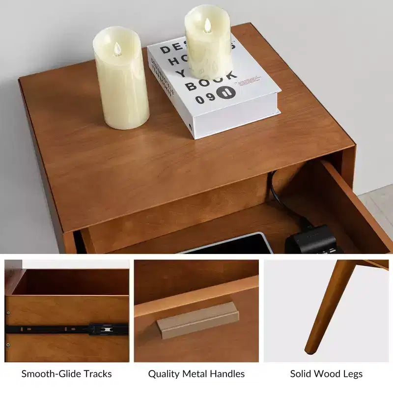 Doris 2 - Drawer Mid-century end table with Built-In Outlets | HULALA HOME