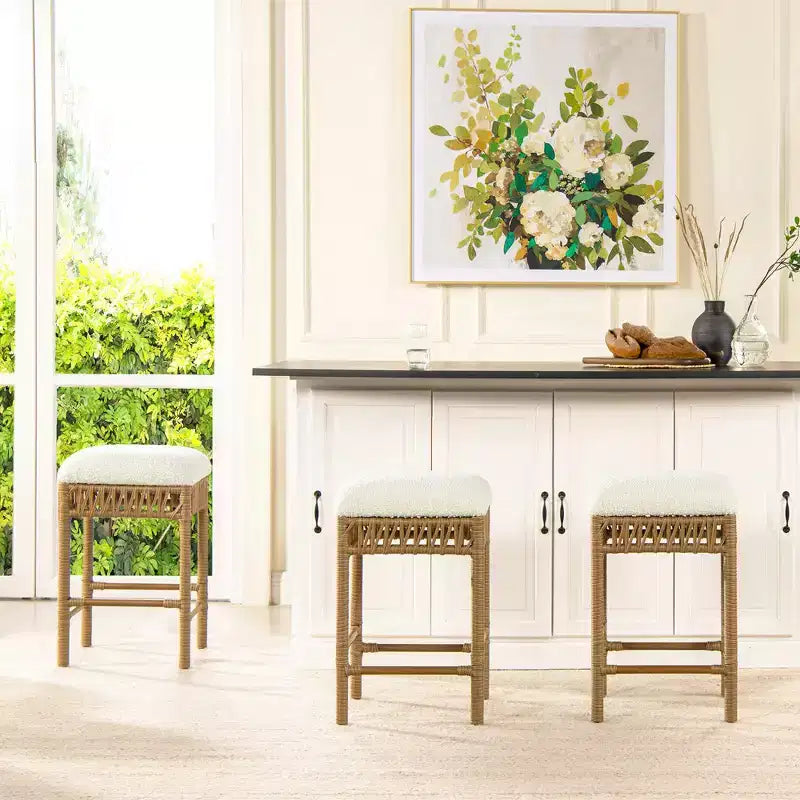 Jennifer Taylor Home Lucia 25.5 Backless Upholstered Counter Stool with Resin Rattan Frame, Ivory White Boucle
