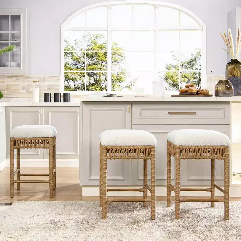 Jennifer Taylor Home Lucia 25.5 Backless Upholstered Counter Stool with Resin Rattan Frame, Ivory White Boucle
