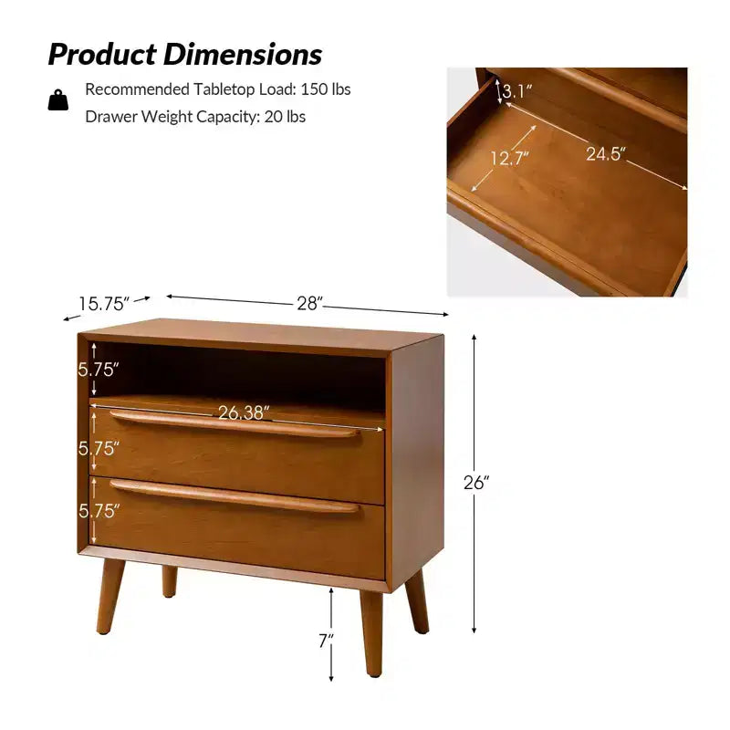 Margery Mid-century Modern 2 - Drawer end table with Built-In Outlets and Cable Management and Open Shelf Set of 2| HULALA HOME