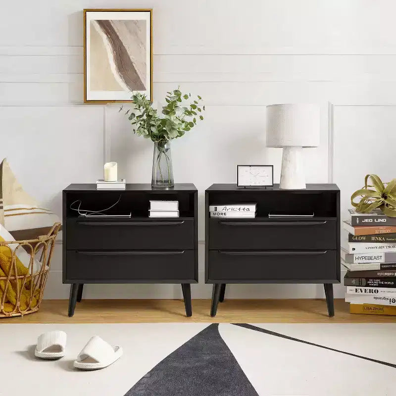 Margery Mid-century Modern 2 - Drawer end table with Built-In Outlets and Cable Management and Open Shelf Set of 2| HULALA HOME