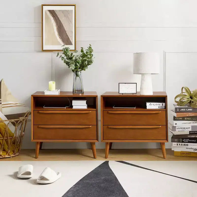 Margery Mid-century Modern 2 - Drawer end table with Built-In Outlets and Cable Management and Open Shelf Set of 2| HULALA HOME