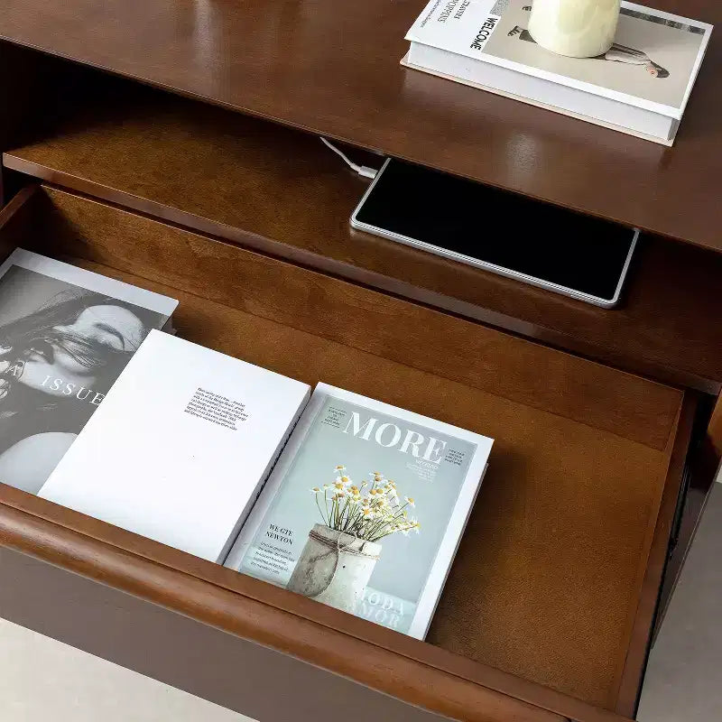 Margery Mid-century Modern 2 - Drawer end table with Built-In Outlets and Cable Management and Open Shelf Set of 2| HULALA HOME