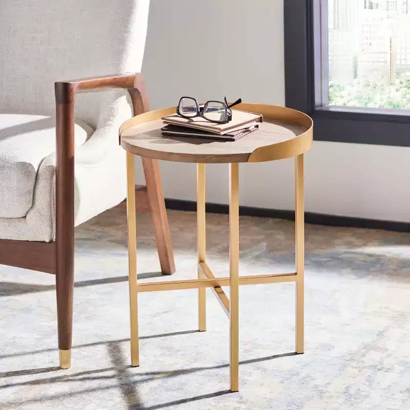 Prague Round Side Table - ACC4208A - Light Grey Oak/Gold - Safavieh