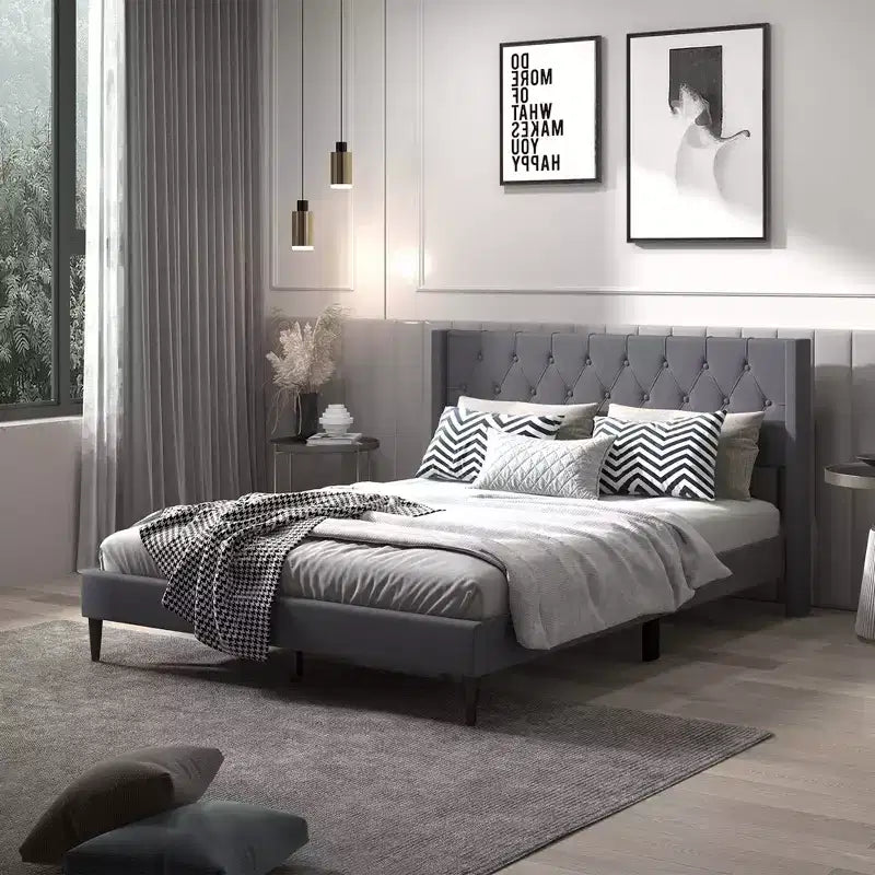 Costway Queen Size Upholstered Platform Bed with Button Tufted Wingback Headboard Blue/Grey