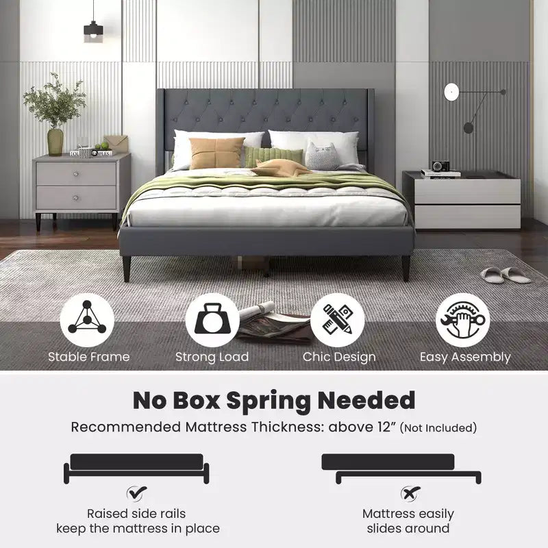 Costway Queen Size Upholstered Platform Bed with Button Tufted Wingback Headboard Blue/Grey