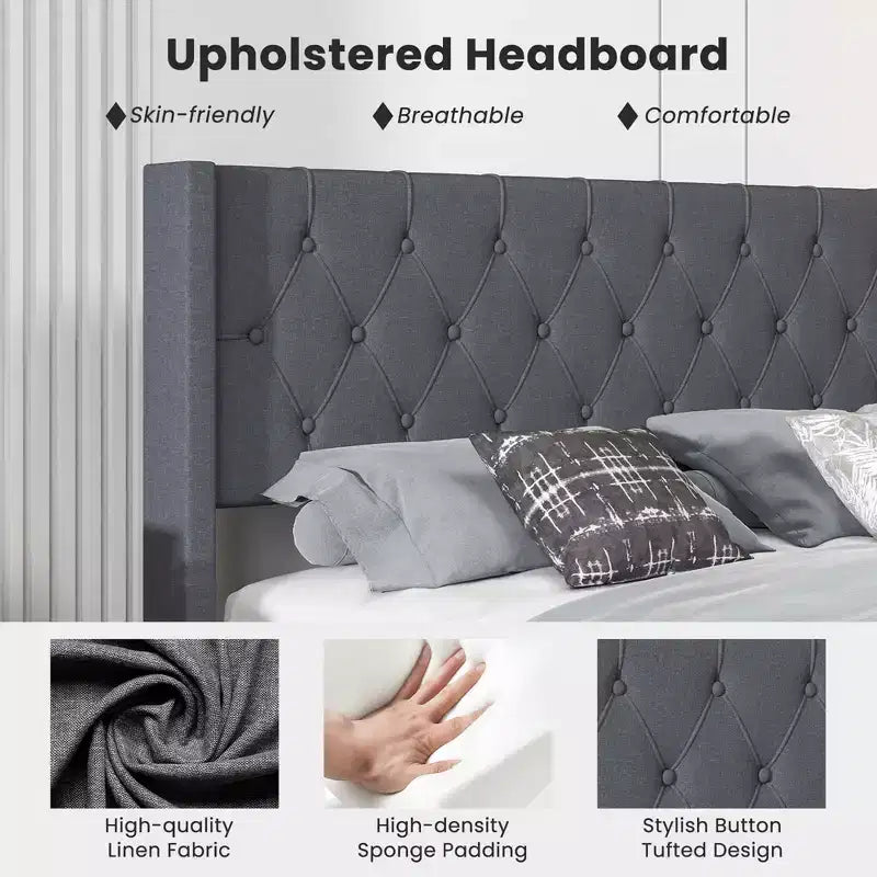 Costway Queen Size Upholstered Platform Bed with Button Tufted Wingback Headboard Blue/Grey