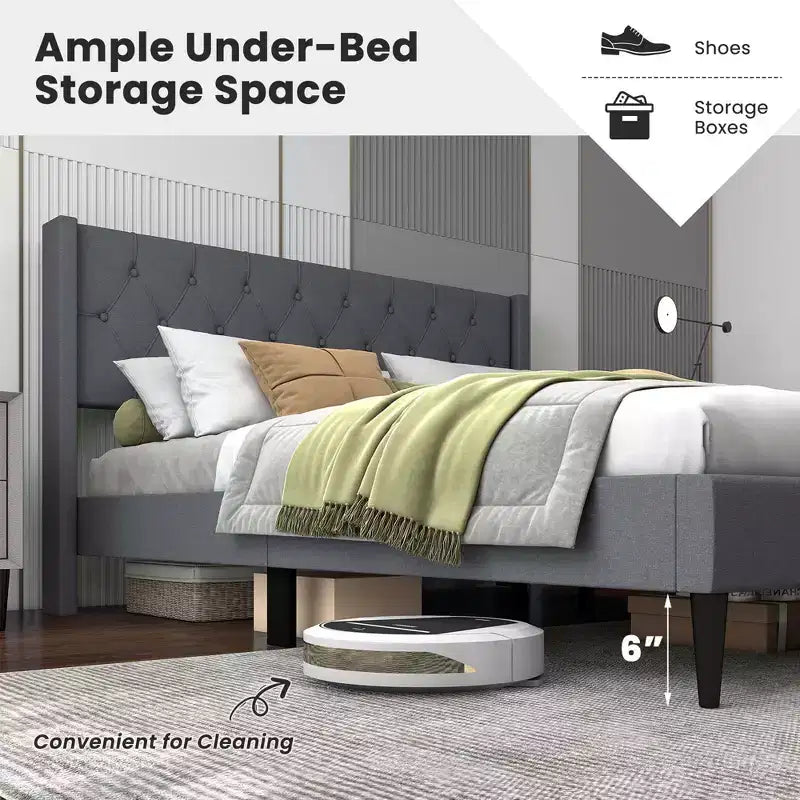 Costway Queen Size Upholstered Platform Bed with Button Tufted Wingback Headboard Blue/Grey