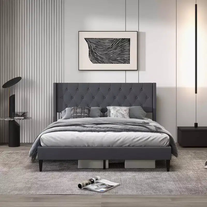 Costway Queen Size Upholstered Platform Bed with Button Tufted Wingback Headboard Blue/Grey