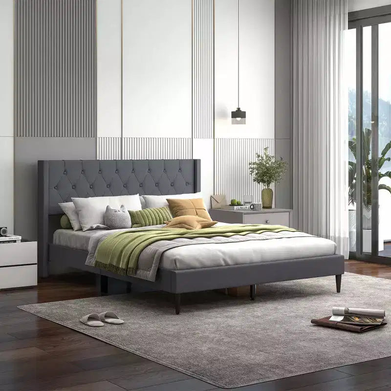 Costway Queen Size Upholstered Platform Bed with Button Tufted Wingback Headboard Blue/Grey